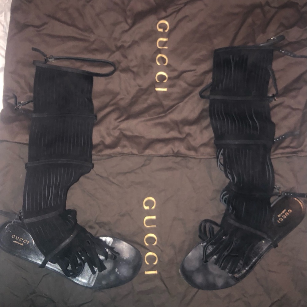 Gucci Becky Tall Fringe Black Gladiator Sandals 38 - Picture 4 of 7